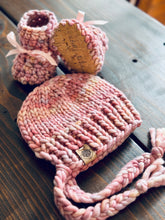 Load image into Gallery viewer, Luxury newborn bonnet booties set heirloom crochet knit merino baby shower gift new mom cute