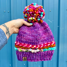 Load image into Gallery viewer, Luxury women&#39;s hand knit winter pom beanie slay purple pink teal bright fun color wool slow fashion gift
