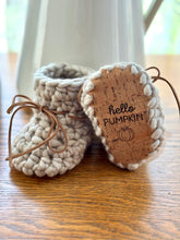 Load image into Gallery viewer, Luxury newborn crochet merino booties fall baby shower gift new mom cute pumpkin