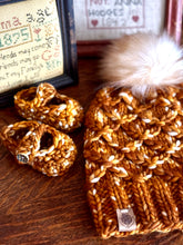 Load image into Gallery viewer, Luxury mommy and me set newborn crochet merino booties pom pom hat fall baby shower gift new mom cute