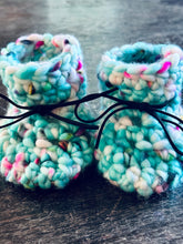 Load image into Gallery viewer, Luxury newborn crochet merino booties baby shower gift new mom cute hand dyed teal funky yarn