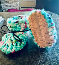 Load image into Gallery viewer, Luxury newborn crochet merino booties baby shower gift new mom cute hand dyed teal funky yarn