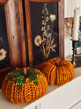 Load image into Gallery viewer, Handknit merino wool fall decor cute pumpkins it's pumpkin season decoration orange cinnamon stick halloween thanksgiving centerpiece