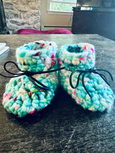Load image into Gallery viewer, Luxury newborn crochet merino booties baby shower gift new mom cute hand dyed teal funky yarn