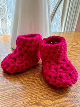 Load image into Gallery viewer, Luxury newborn crochet merino booties fall baby shower gift new mom cute hello pumpkin hot pink
