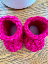 Load image into Gallery viewer, Luxury newborn crochet merino booties fall baby shower gift new mom cute hello pumpkin hot pink