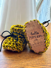 Load image into Gallery viewer, Luxury newborn crochet merino booties fall baby shower gift new mom cute hello pumpkin yellow and black