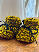 Load image into Gallery viewer, Luxury newborn crochet merino booties fall baby shower gift new mom cute hello pumpkin yellow and black