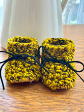 Load image into Gallery viewer, Luxury newborn crochet merino booties fall baby shower gift new mom cute hello pumpkin yellow and black