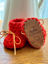 Load image into Gallery viewer, Luxury newborn crochet merino booties fall baby shower gift new mom cute hello pumpkin bright orange