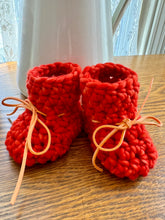 Load image into Gallery viewer, Luxury newborn crochet merino booties fall baby shower gift new mom cute hello pumpkin bright orange