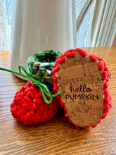 Load image into Gallery viewer, Luxury newborn crochet merino booties fall baby shower gift new mom cute hello pumpkin bright orange