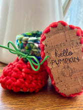 Load image into Gallery viewer, Luxury newborn crochet merino booties fall baby shower gift new mom cute hello pumpkin bright orange