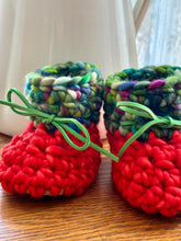 Load image into Gallery viewer, Luxury newborn crochet merino booties fall baby shower gift new mom cute hello pumpkin bright orange