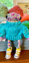 Load image into Gallery viewer, Norman Hand knit frog with sweater posable legs with yellow converse like high tops cute collectible