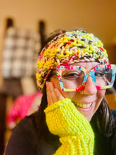 Load image into Gallery viewer, Luxury Hand knit cozy fingerless mittens neon yellow hand dyed merino wool cozy gift