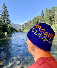 Load image into Gallery viewer, Hand knit merino wool unisex mens womens winter hat beanie mountains trees forest