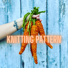 Load image into Gallery viewer, Mr. McGregor's Carrots KNITTING PATTERN fun stash buster holiday spring easter decor tablescape cute