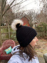 Load image into Gallery viewer, Cheetah pom beanie fitted cozy fold up brim black knit hat acrylic cap