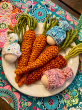 Load image into Gallery viewer, Mr. McGregor's Carrots KNITTING PATTERN fun stash buster holiday spring easter decor tablescape cute