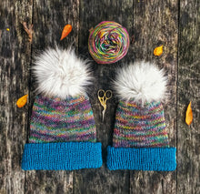 Load image into Gallery viewer, Kids pom pom merino wool winter hat beanie child fun blue slouchy or fitted