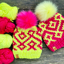 Load image into Gallery viewer, Luxury women's hand knit winter pom beanie neon yellow hot pink fluorescent color wool slow fashion gift