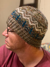 Load image into Gallery viewer, Hand knit merino wool unisex mens womens winter hat beanie mountains trees forest