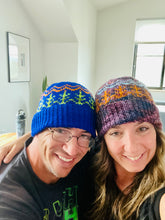 Load image into Gallery viewer, Hand knit merino wool unisex mens womens winter hat beanie mountains trees forest