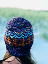 Load image into Gallery viewer, Hand knit merino wool unisex mens womens winter hat beanie mountains trees forest