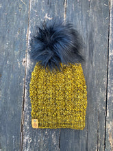 Load image into Gallery viewer, Luxury hand knit 100% merino wool gold black womens winter hand knit pom pom hat beanie slow fashion