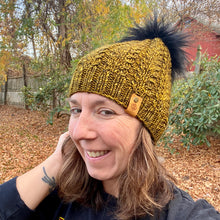 Load image into Gallery viewer, Luxury hand knit 100% merino wool gold black womens winter hand knit pom pom hat beanie slow fashion