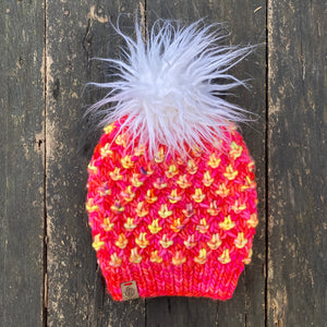 Luxury women's hand knit winter pom beanie hot pink neon yellow bright fun color wool slow fashion gift