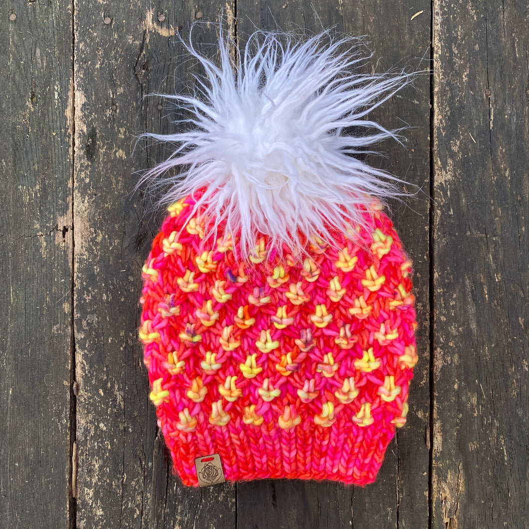 Luxury women's hand knit winter pom beanie hot pink neon yellow bright fun color wool slow fashion gift