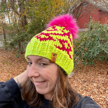 Load image into Gallery viewer, Luxury women's hand knit winter pom beanie neon yellow hot pink fluorescent color wool slow fashion gift