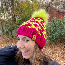 Load image into Gallery viewer, Luxury women's hand knit winter pom beanie neon yellow hot pink fluorescent color wool slow fashion gift