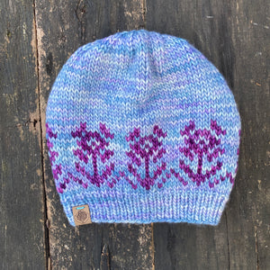 Luxury women's hand knit winter pom beanie light blue purple flowers color wool slow fashion gift
