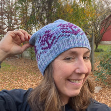 Load image into Gallery viewer, Luxury women's hand knit winter pom beanie light blue purple flowers color wool slow fashion gift