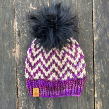 Load image into Gallery viewer, Luxury women's hand knit winter pom beanie purple cream color wool slow fashion gift