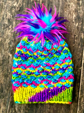 Load image into Gallery viewer, MADE TO ORDER Fun and funky crazy teal hot pink purple faux fur pom pom with wooden button