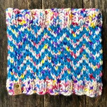 Load image into Gallery viewer, Luxury women's hand knit chevron winter cowl pink blue speckled wool slow fashion gift