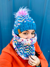 Load image into Gallery viewer, Luxury women's hand knit chevron winter cowl pink blue speckled wool slow fashion gift