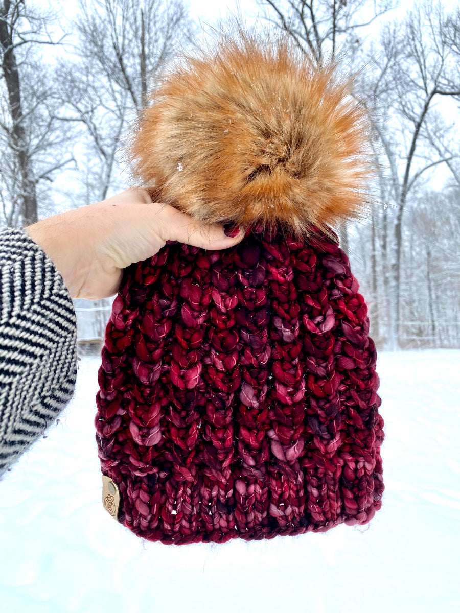 Handknit Foldover Brim Beanie w/Faux good Fur Pom-Burgundy/Rose/Cream