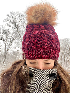 MADE TO ORDER Luxury hand knit 100% red merino wool womens winter hand knit pom pom hat beanie valentine slow fashion