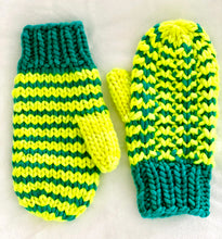 Load image into Gallery viewer, Hand knit wool mittens bright fun neon women adult warm winter fashion soft teens valentine gift