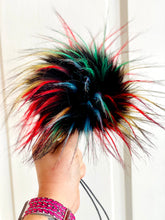 Load image into Gallery viewer, MADE TO ORDER Fun and funky firework black with long rainbow tip faux fur pom pom with wooden button