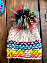 Load image into Gallery viewer, MADE TO ORDER Fun and funky firework black with long rainbow tip faux fur pom pom with wooden button