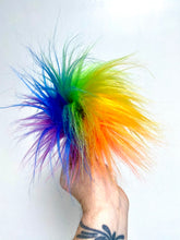 Load image into Gallery viewer, MADE TO ORDER Fun and funky rainbow blue purple hot pink yellow orange green faux fur pom pom with wooden button