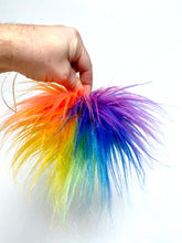 Load image into Gallery viewer, MADE TO ORDER Fun and funky rainbow blue purple hot pink yellow orange green faux fur pom pom with wooden button
