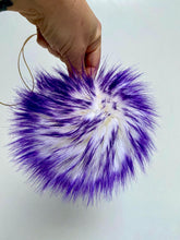 Load image into Gallery viewer, MADE TO ORDER Fun and funky white with purple tip faux fur pom pom with wooden button