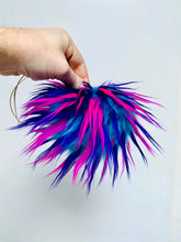 Load image into Gallery viewer, MADE TO ORDER Fun and funky crazy teal hot pink purple faux fur pom pom with wooden button